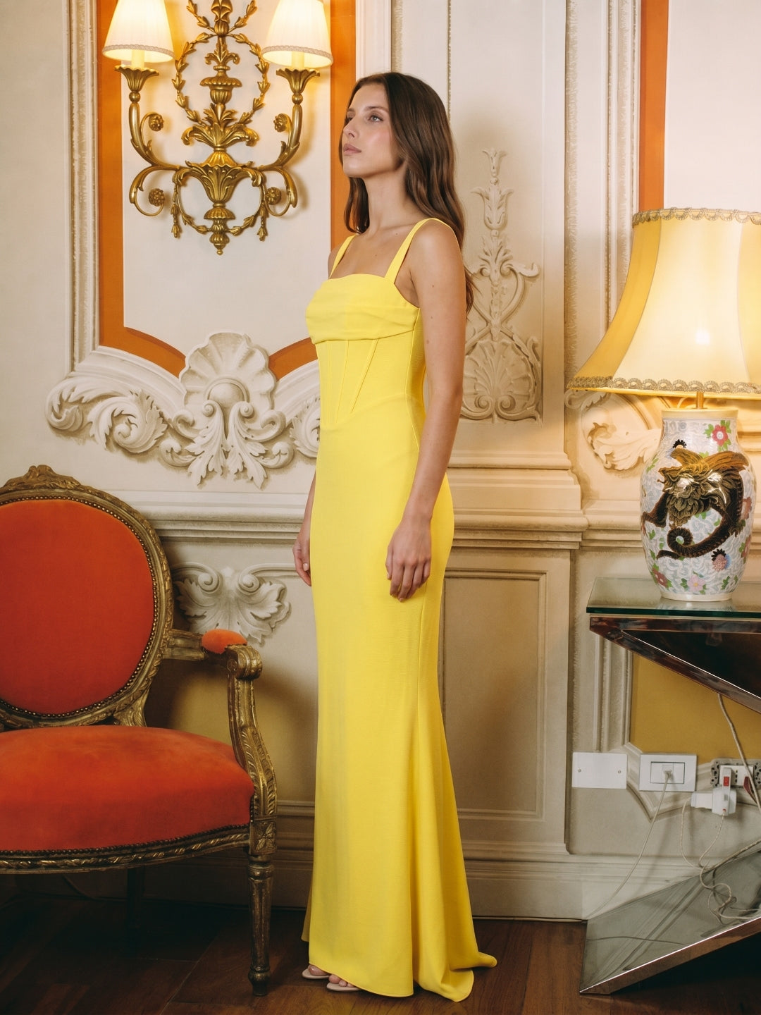 Lemon Stretch Knit Sheath Square Neck Corset Back Floor Bridesmaid Dress with Pleats