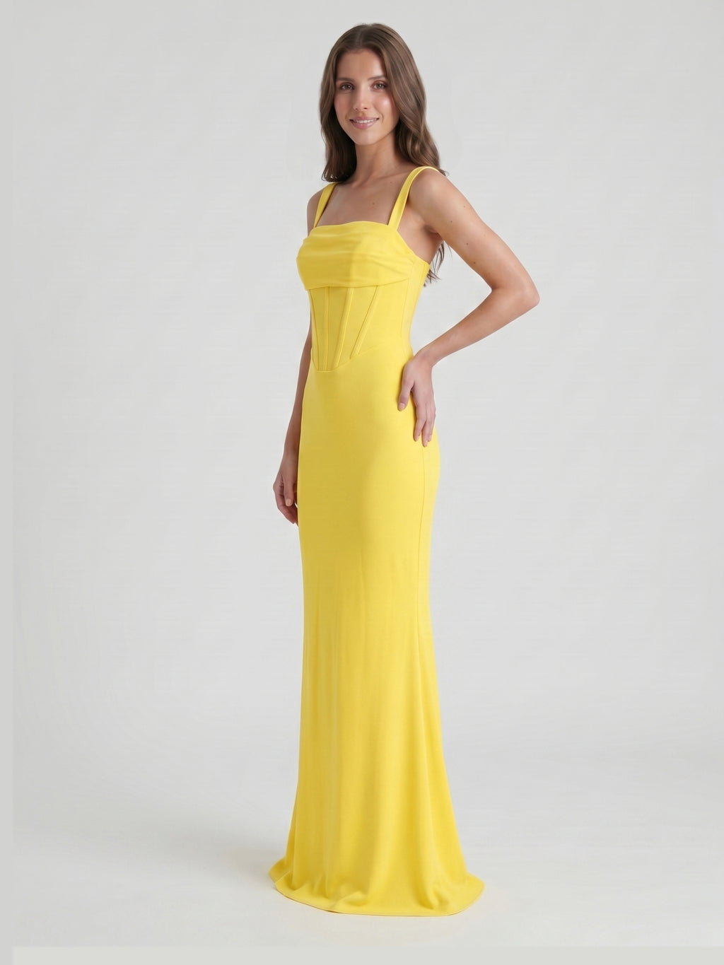 Lemon Stretch Knit Sheath Square Neck Corset Back Floor Bridesmaid Dress with Pleats
