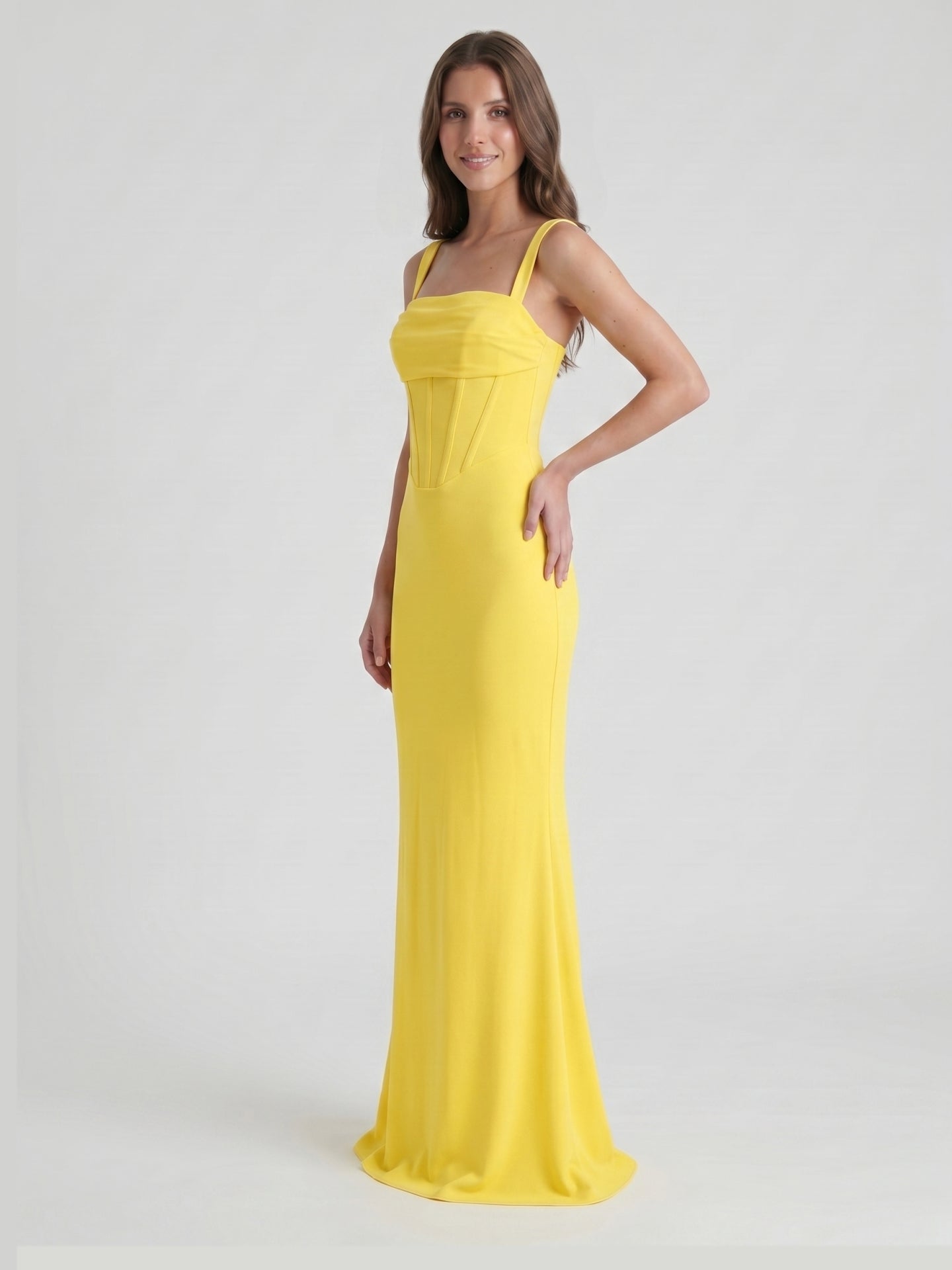 Lemon Stretch Knit Sheath Square Neck Corset Back Floor Bridesmaid Dress with Pleats