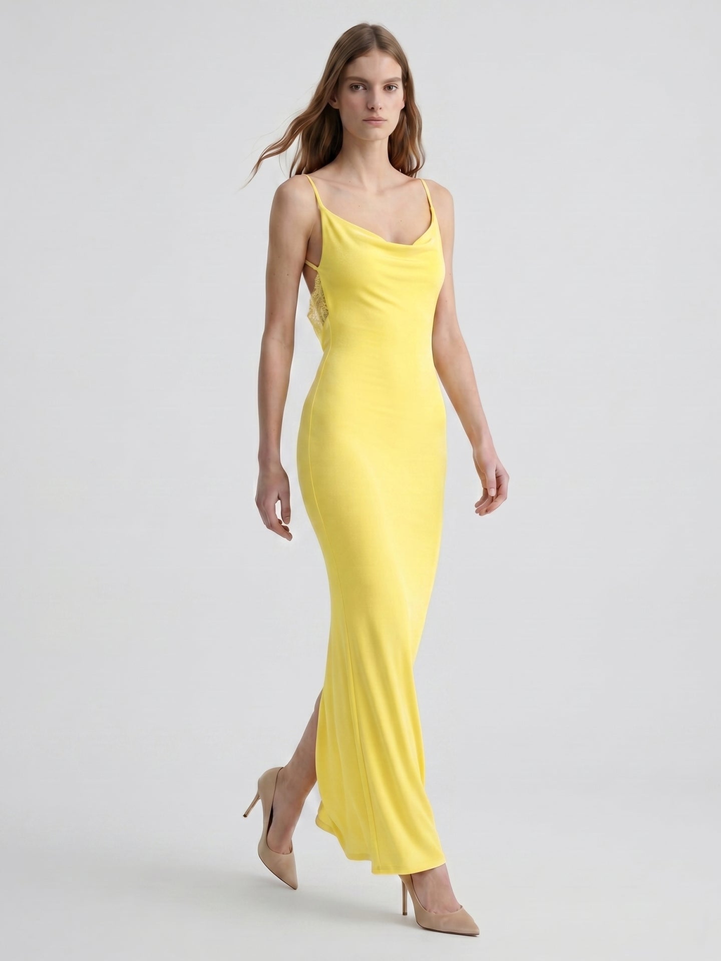Lemon Stretch Knit Sheath V-Neck Backless Ankle-Length Bridesmaid Dress