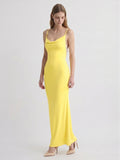 Lemon Stretch Knit Sheath V-Neck Backless Ankle-Length Bridesmaid Dress