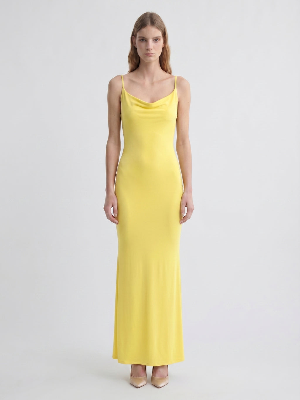 Lemon Stretch Knit Sheath V-Neck Backless Ankle-Length Bridesmaid Dress