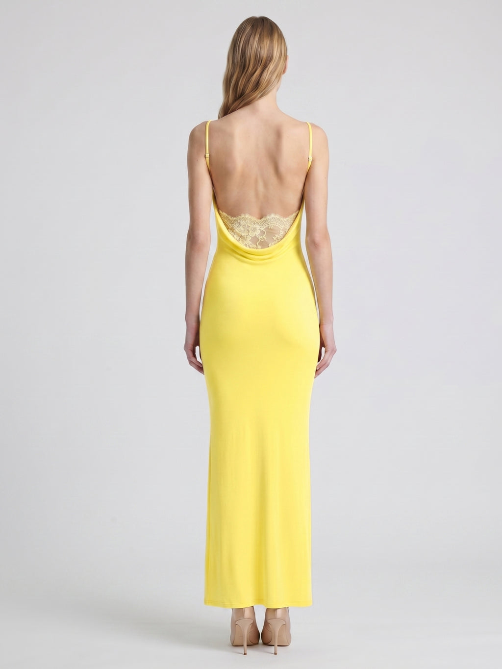 Lemon Stretch Knit Sheath V-Neck Backless Ankle-Length Bridesmaid Dress