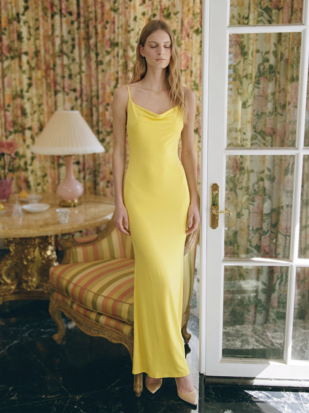 Lemon Stretch Knit Sheath V-Neck Backless Ankle-Length Bridesmaid Dress
