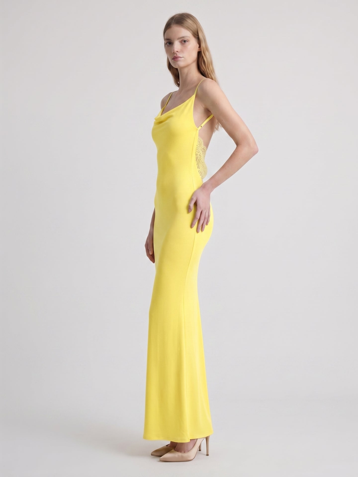 Lemon Stretch Knit Sheath V-Neck Backless Ankle-Length Bridesmaid Dress