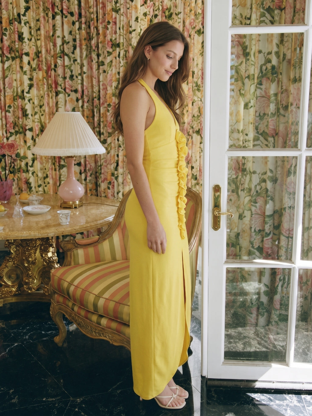 Lemon Stretch Knit Sheath V-Neck Backless Ankle Bridesmaid Dress with 3D Flower