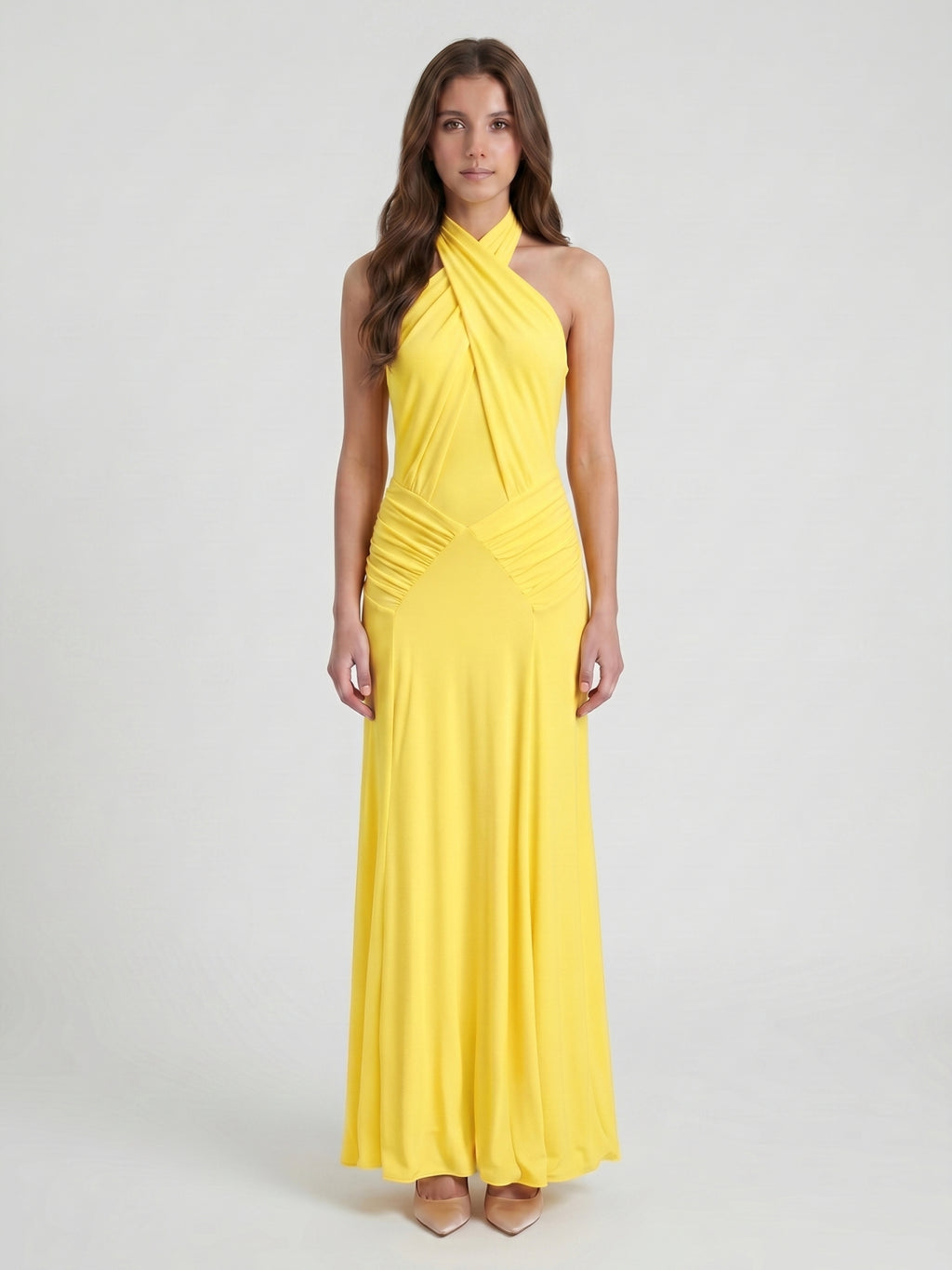 Lemon Stretch Knit Trumpet Halter Backless Floor-Length Bridesmaid Dress with Pleats