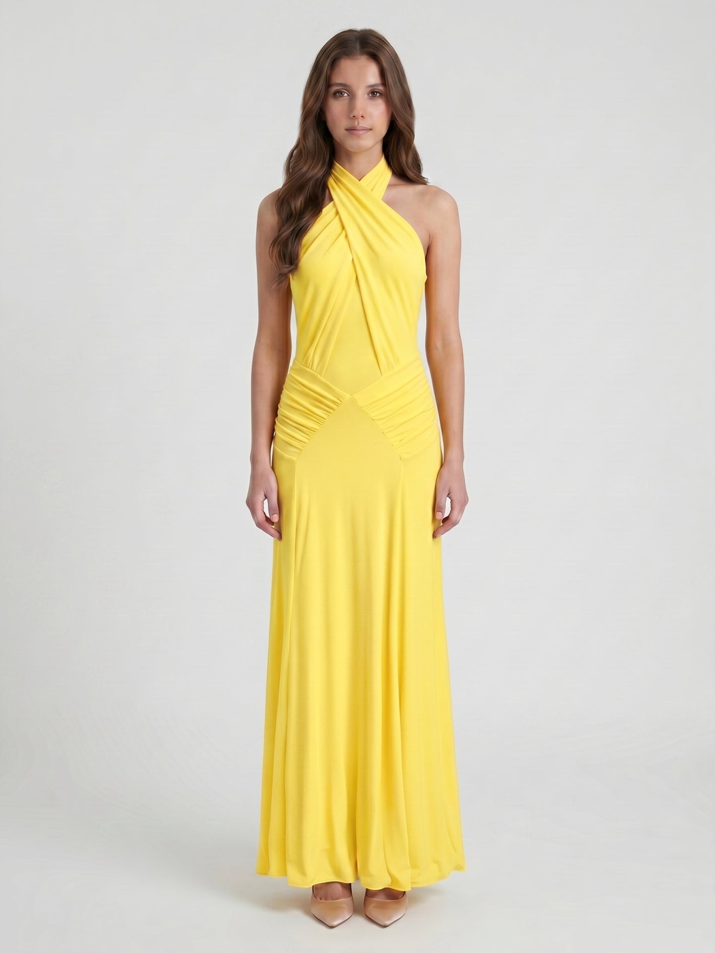 Lemon Stretch Knit Trumpet Halter Backless Floor-Length Bridesmaid Dress with Pleats