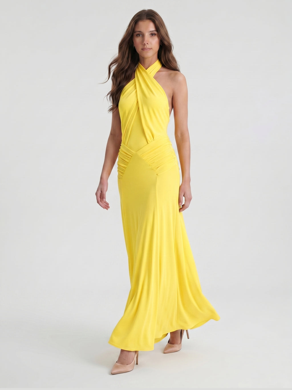 Lemon Stretch Knit Trumpet Halter Backless Floor-Length Bridesmaid Dress with Pleats