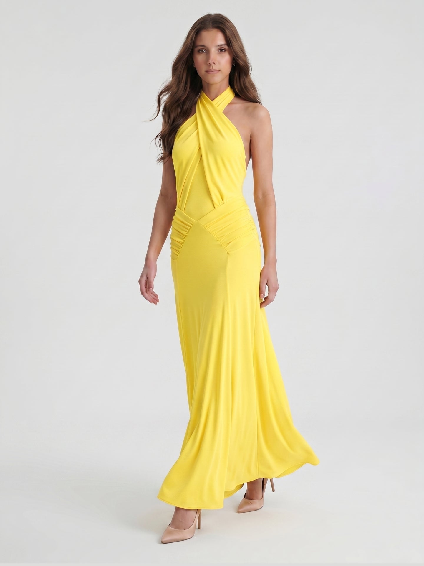 Lemon Stretch Knit Trumpet Halter Backless Floor-Length Bridesmaid Dress with Pleats
