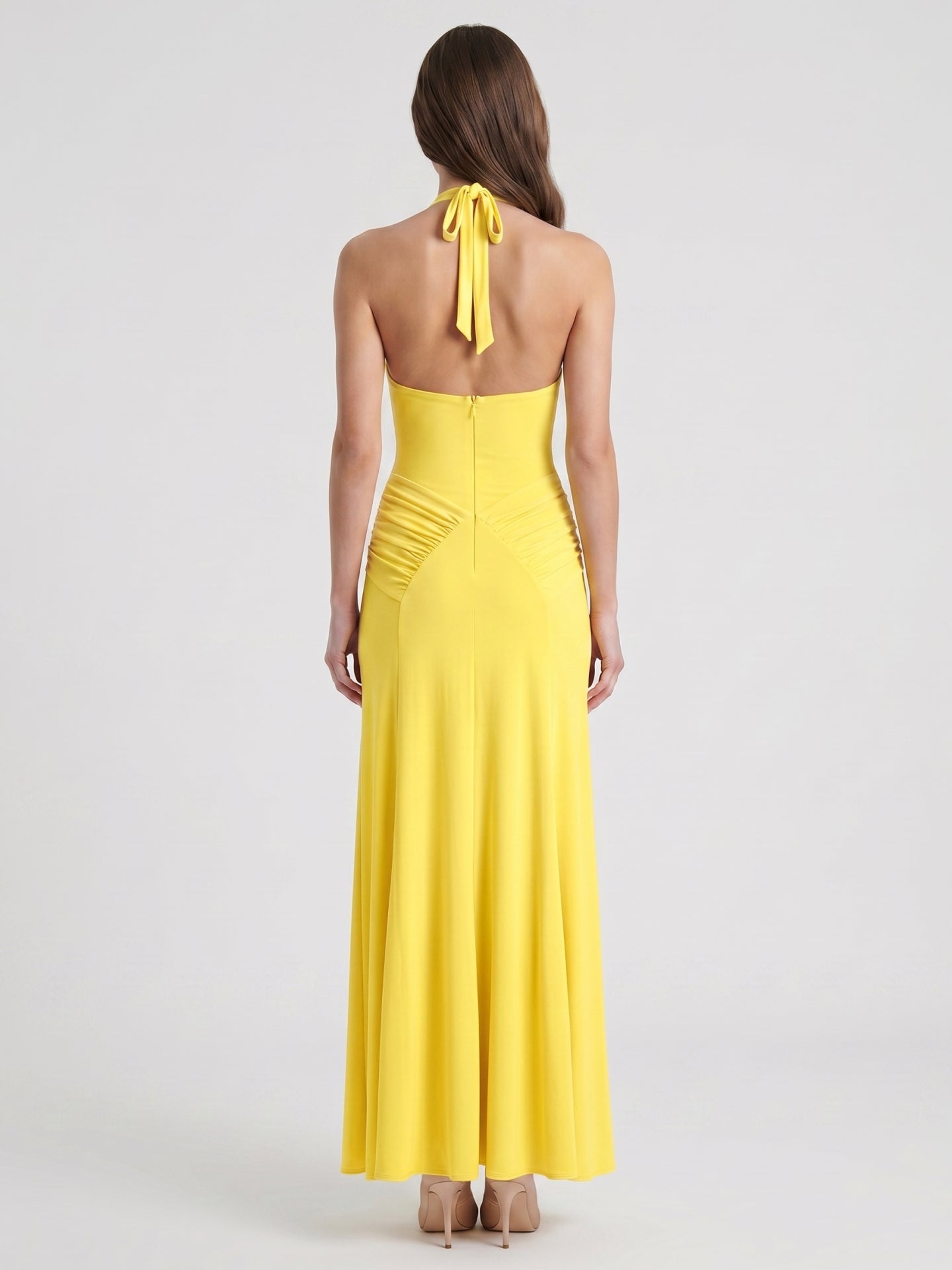 Lemon Stretch Knit Trumpet Halter Backless Floor-Length Bridesmaid Dress with Pleats