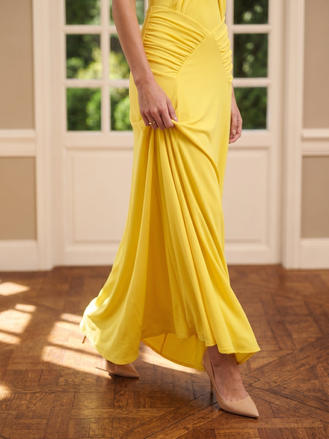 Lemon Stretch Knit Trumpet Halter Backless Floor-Length Bridesmaid Dress with Pleats