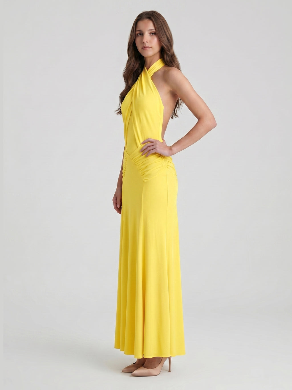 Lemon Stretch Knit Trumpet Halter Backless Floor-Length Bridesmaid Dress with Pleats