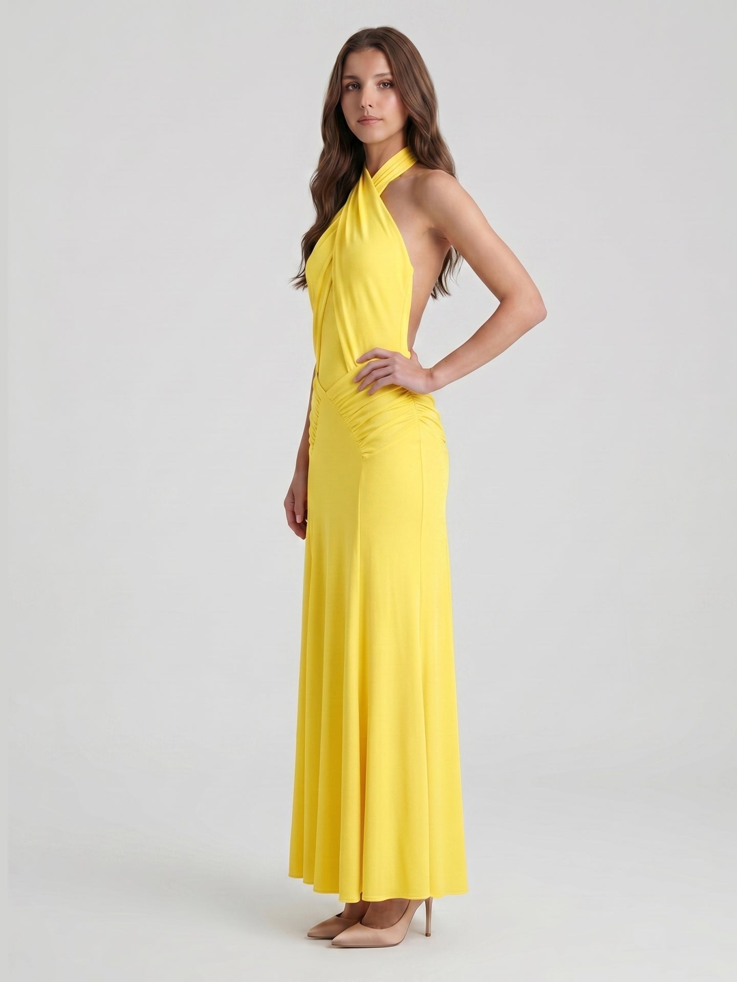 Lemon Stretch Knit Trumpet Halter Backless Floor-Length Bridesmaid Dress with Pleats