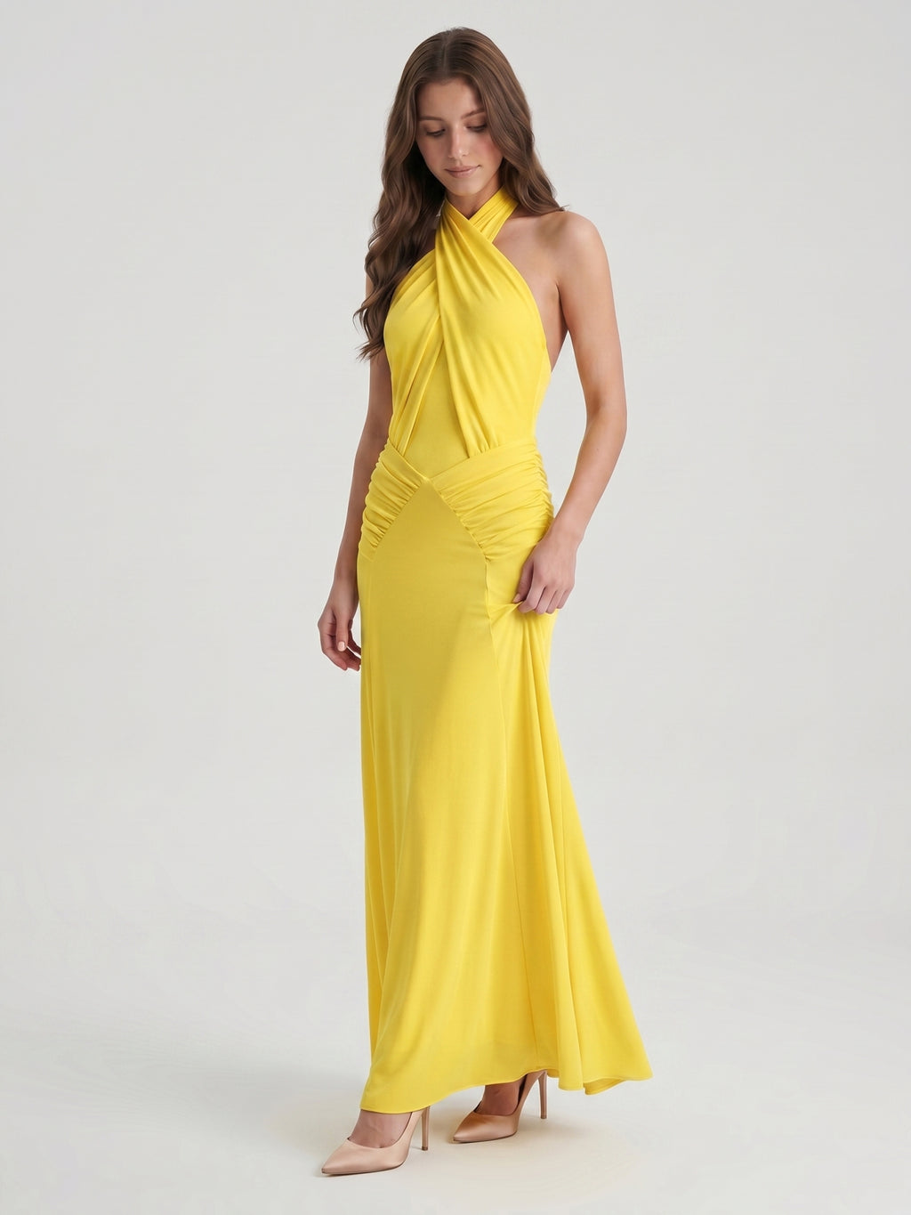 Lemon Stretch Knit Trumpet Halter Backless Floor-Length Bridesmaid Dress with Pleats
