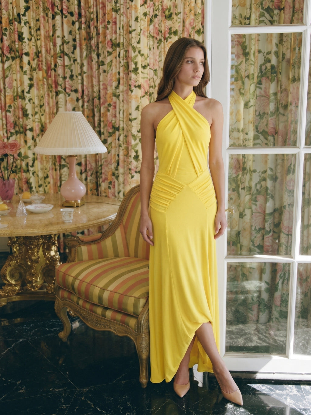 Lemon Stretch Knit Trumpet Halter Backless Floor-Length Bridesmaid Dress with Pleats