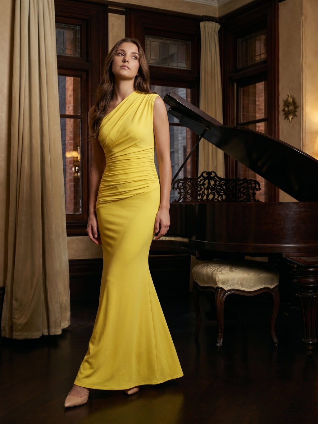 Lemon Stretch Knit Trumpet One Shoulder Backless Ankle-Length Bridesmaid Dress with Pleats