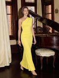 Lemon Stretch Knit Trumpet One Shoulder Backless Ankle-Length Bridesmaid Dress with Pleats