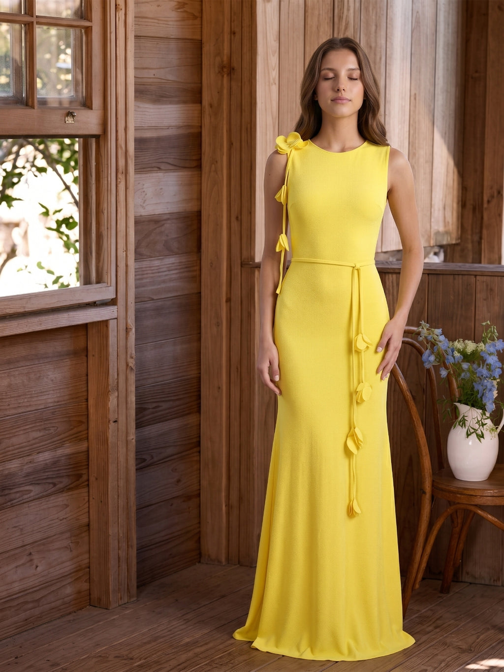 Lemon Stretch Knit Trumpet Scoop Neck Keyhole Back Floor Bridesmaid Dress with 3D Flower