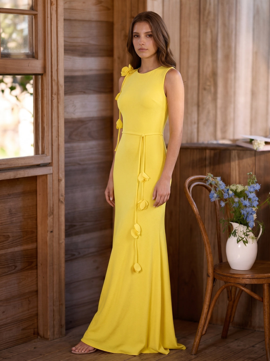 Lemon Stretch Knit Trumpet Scoop Neck Keyhole Back Floor Bridesmaid Dress with 3D Flower