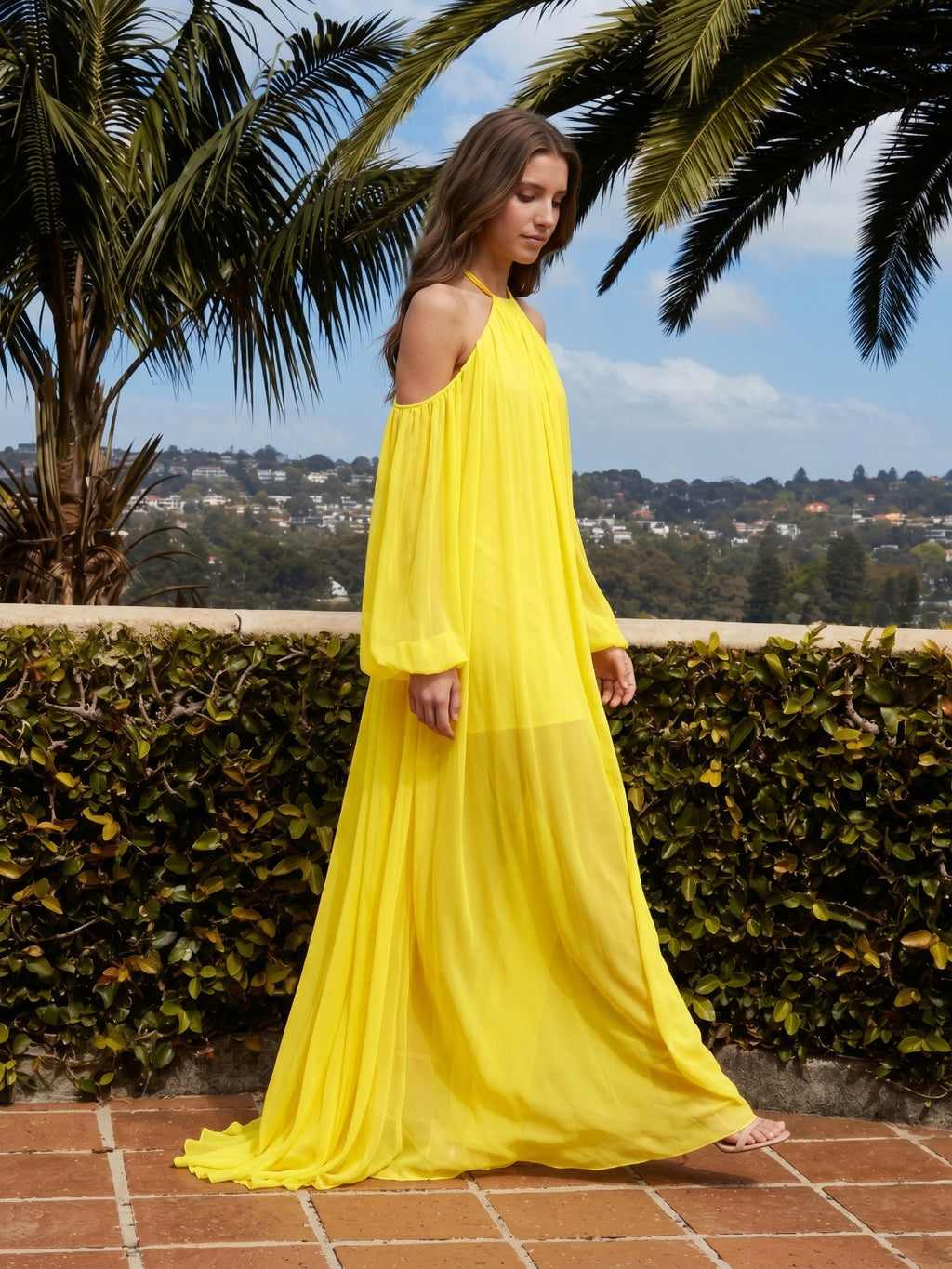Lemon Tulle A-Line Halter Backless Floor Bridesmaid Dress with Pleats