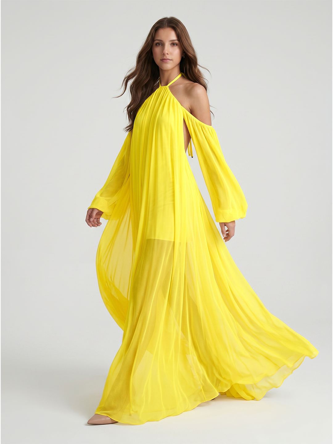 Lemon Tulle A-Line Halter Backless Floor Bridesmaid Dress with Pleats