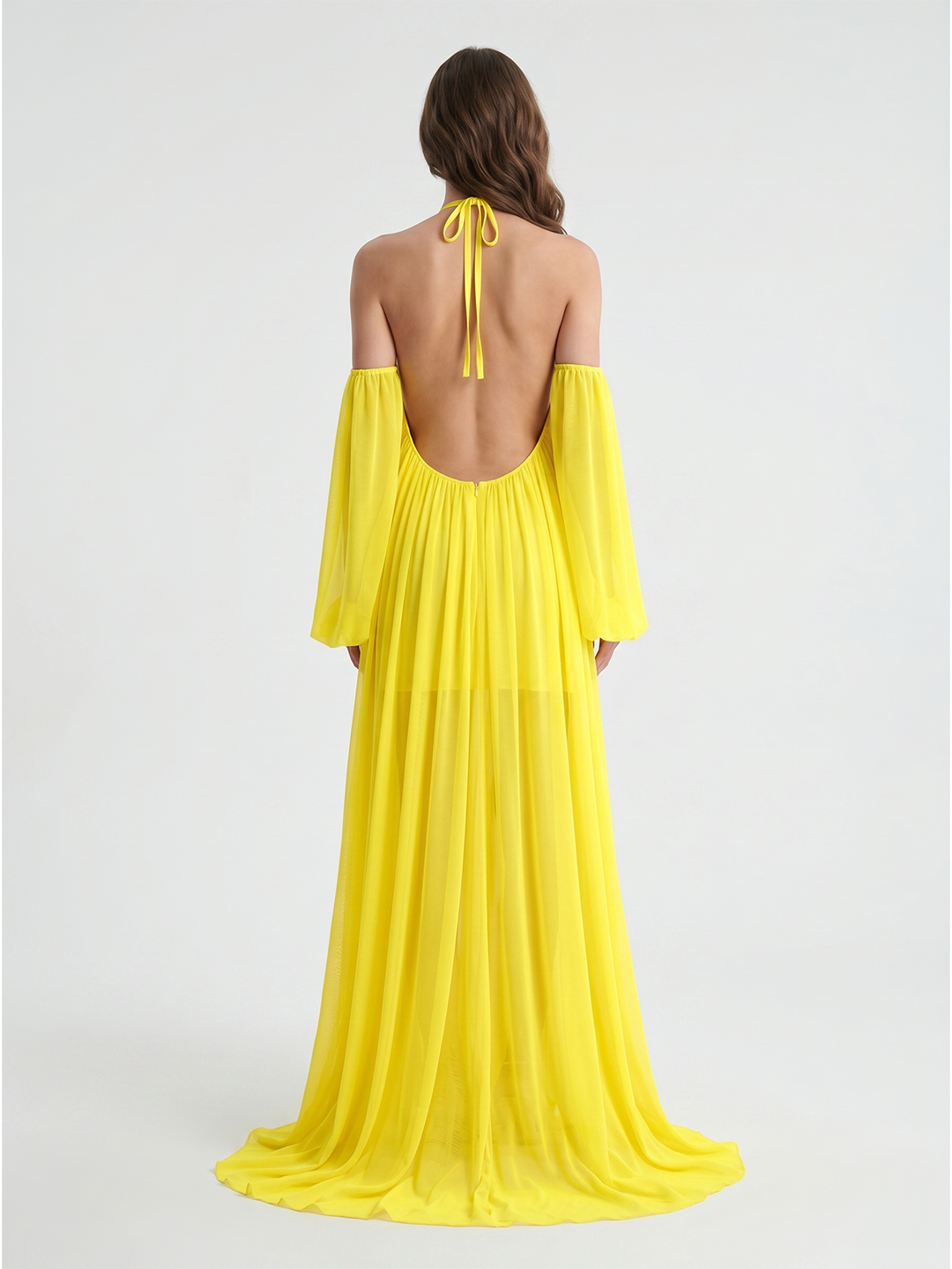 Lemon Tulle A-Line Halter Backless Floor Bridesmaid Dress with Pleats