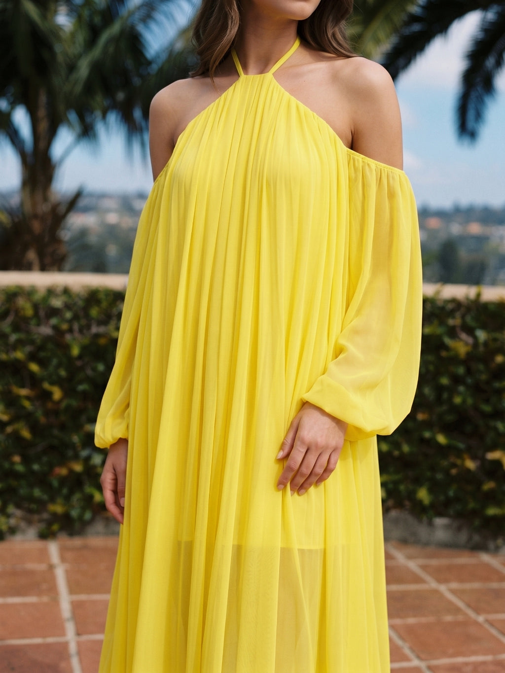 Lemon Tulle A-Line Halter Backless Floor Bridesmaid Dress with Pleats