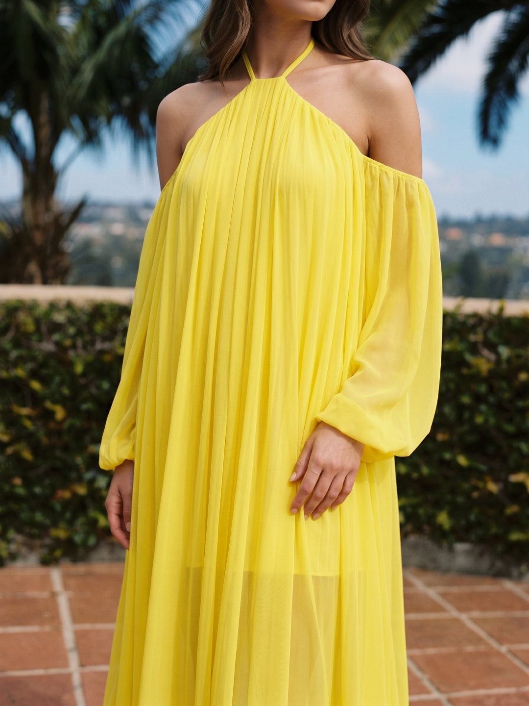 Lemon Tulle A-Line Halter Backless Floor Bridesmaid Dress with Pleats