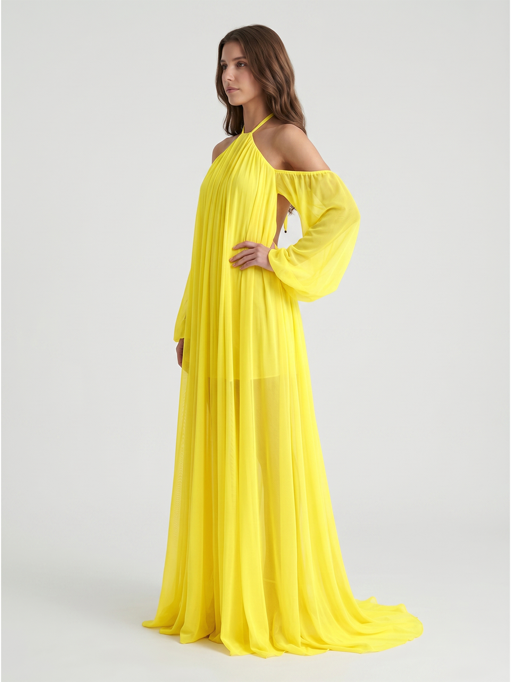 Lemon Tulle A-Line Halter Backless Floor Bridesmaid Dress with Pleats