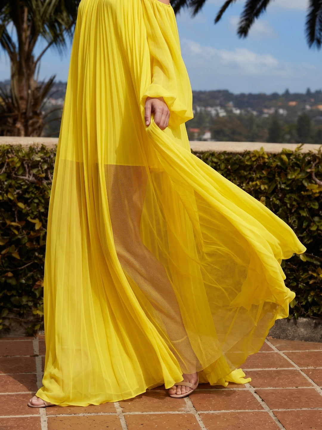 Lemon Tulle A-Line Halter Backless Floor Bridesmaid Dress with Pleats