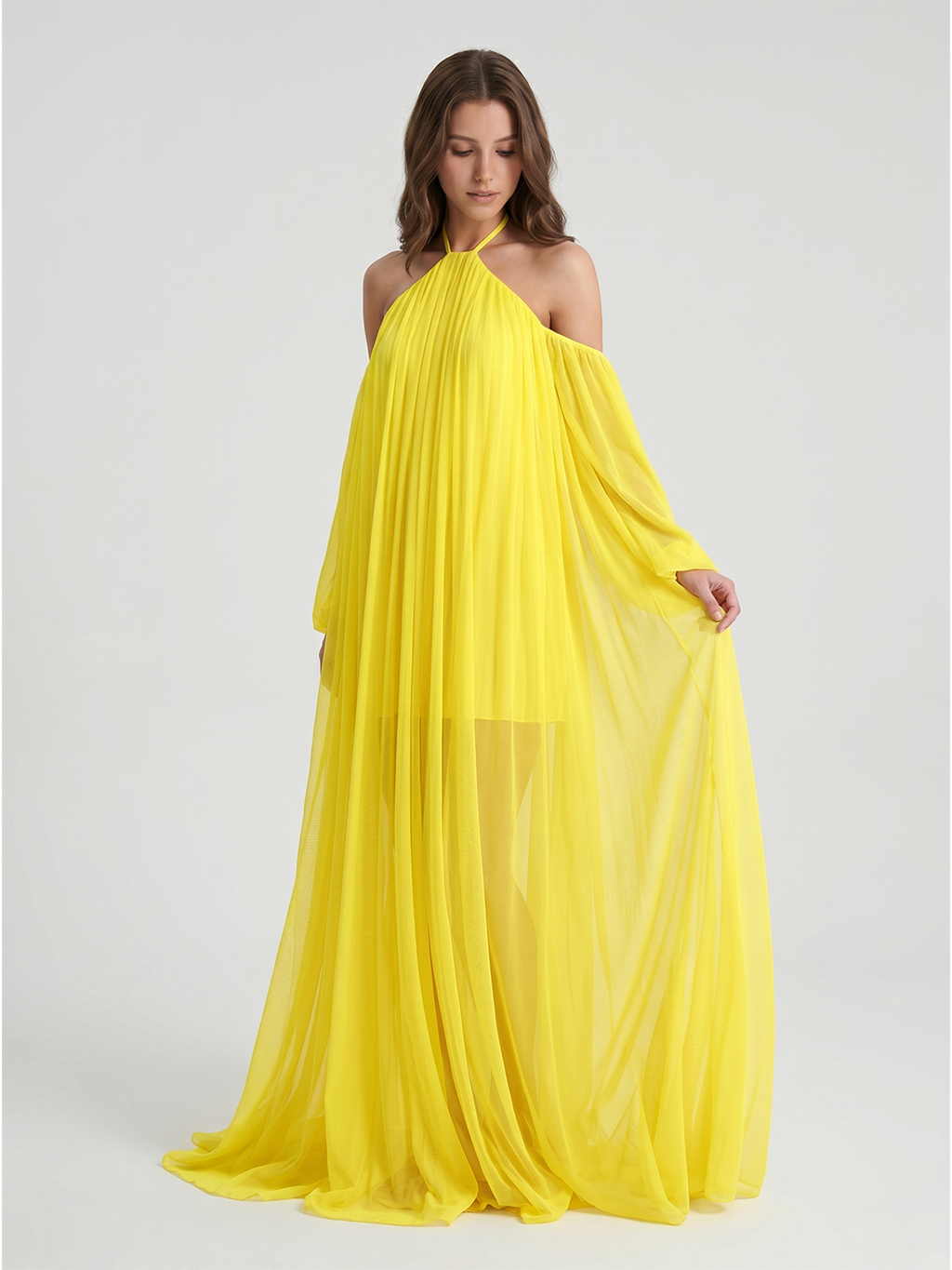 Lemon Tulle A-Line Halter Backless Floor Bridesmaid Dress with Pleats