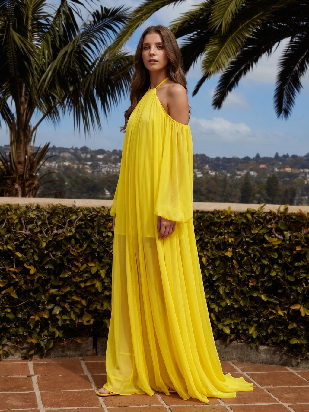 Lemon Tulle A-Line Halter Backless Floor Bridesmaid Dress with Pleats