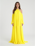 Lemon Tulle A-Line Halter Backless Floor Bridesmaid Dress with Pleats