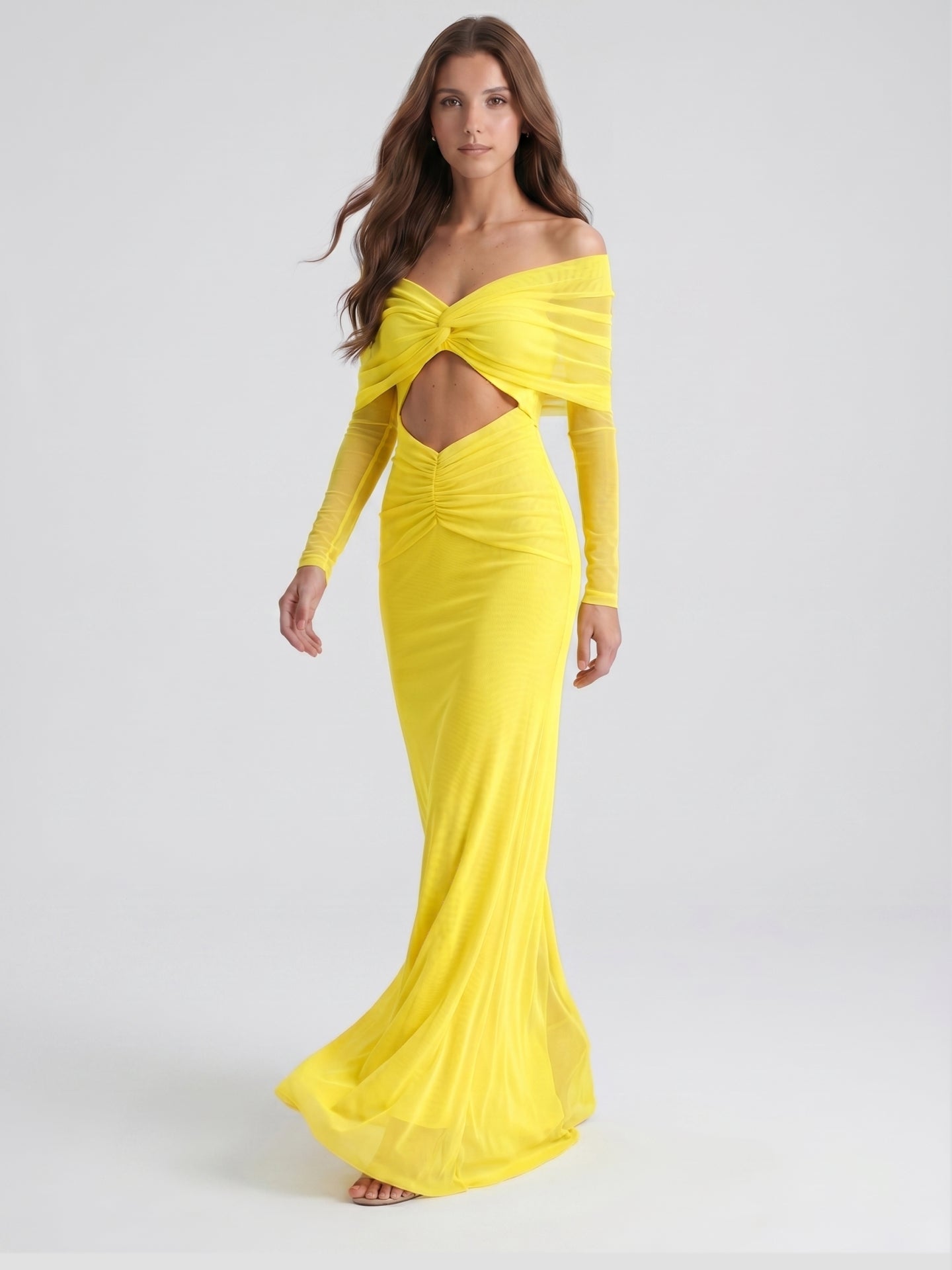 Lemon Tulle Column Off-the-Shoulder Illusion Floor-Length Bridesmaid Dress with Pleats