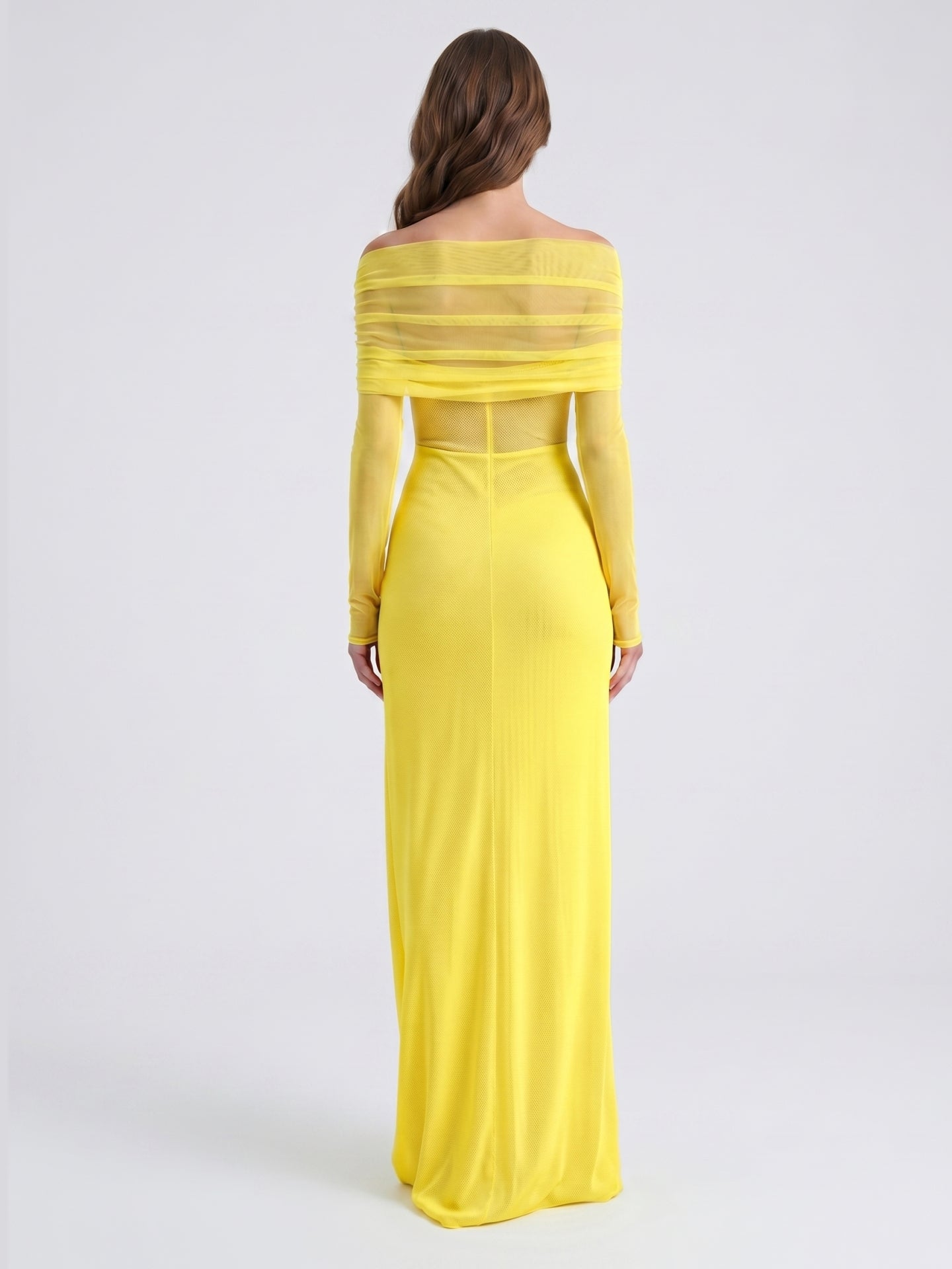 Lemon Tulle Column Off-the-Shoulder Illusion Floor-Length Bridesmaid Dress with Pleats