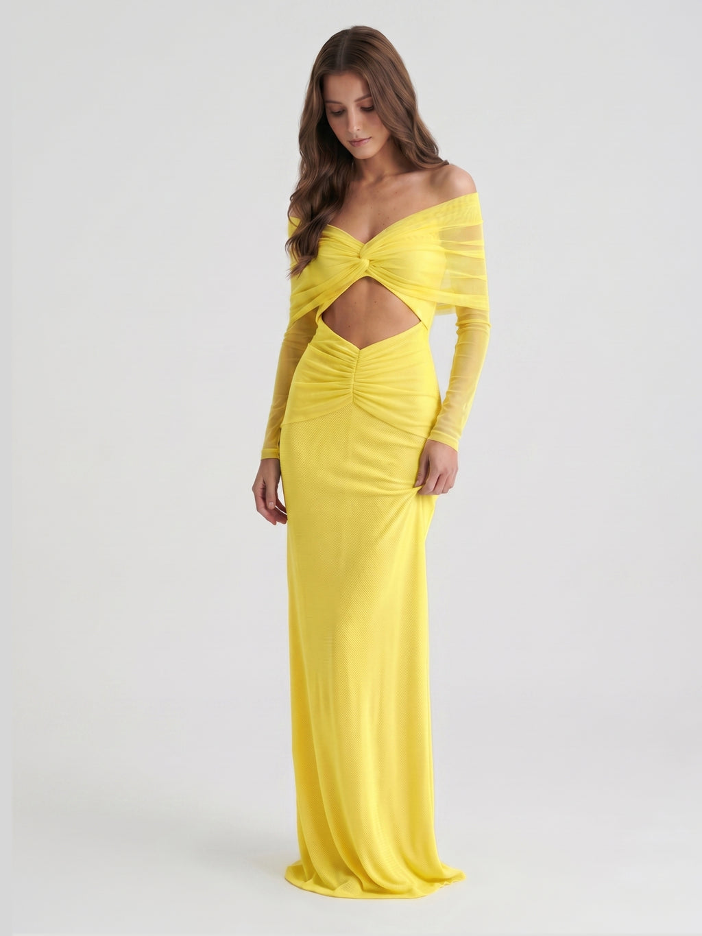 Lemon Tulle Column Off-the-Shoulder Illusion Floor-Length Bridesmaid Dress with Pleats