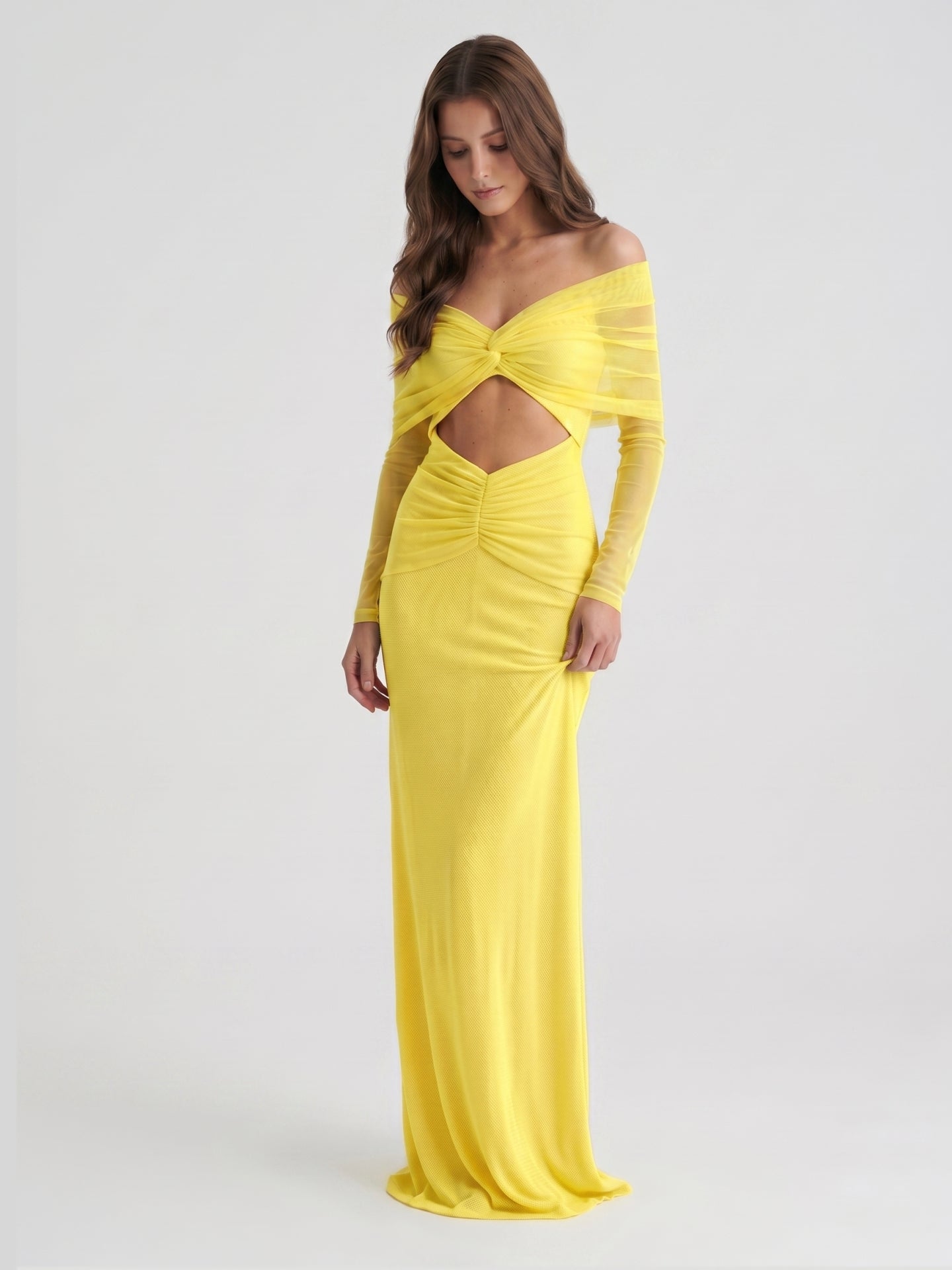 Lemon Tulle Column Off-the-Shoulder Illusion Floor-Length Bridesmaid Dress with Pleats