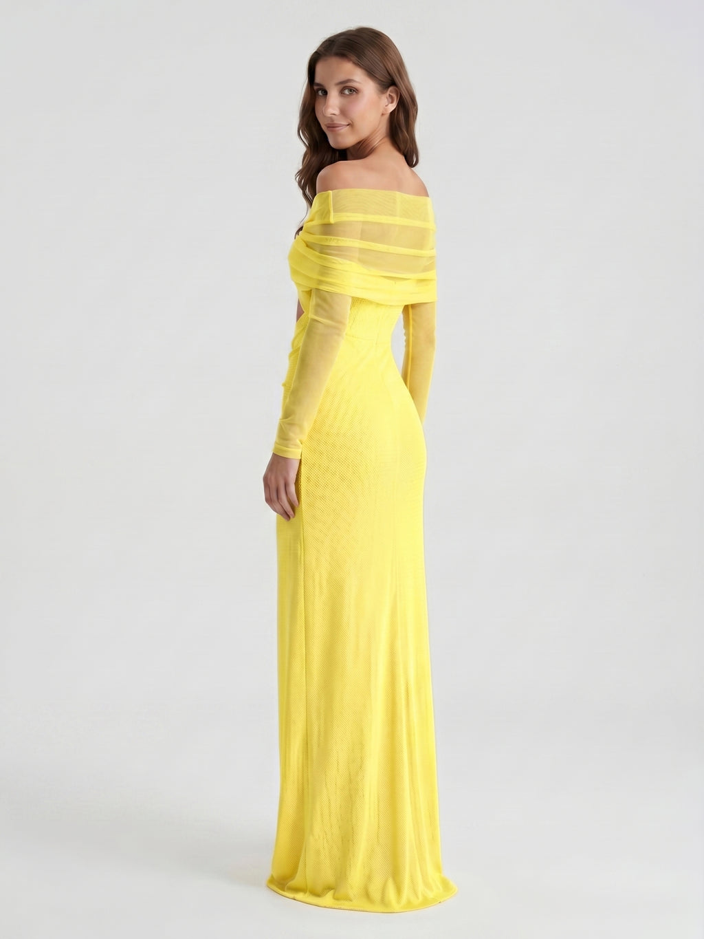 Lemon Tulle Column Off-the-Shoulder Illusion Floor-Length Bridesmaid Dress with Pleats