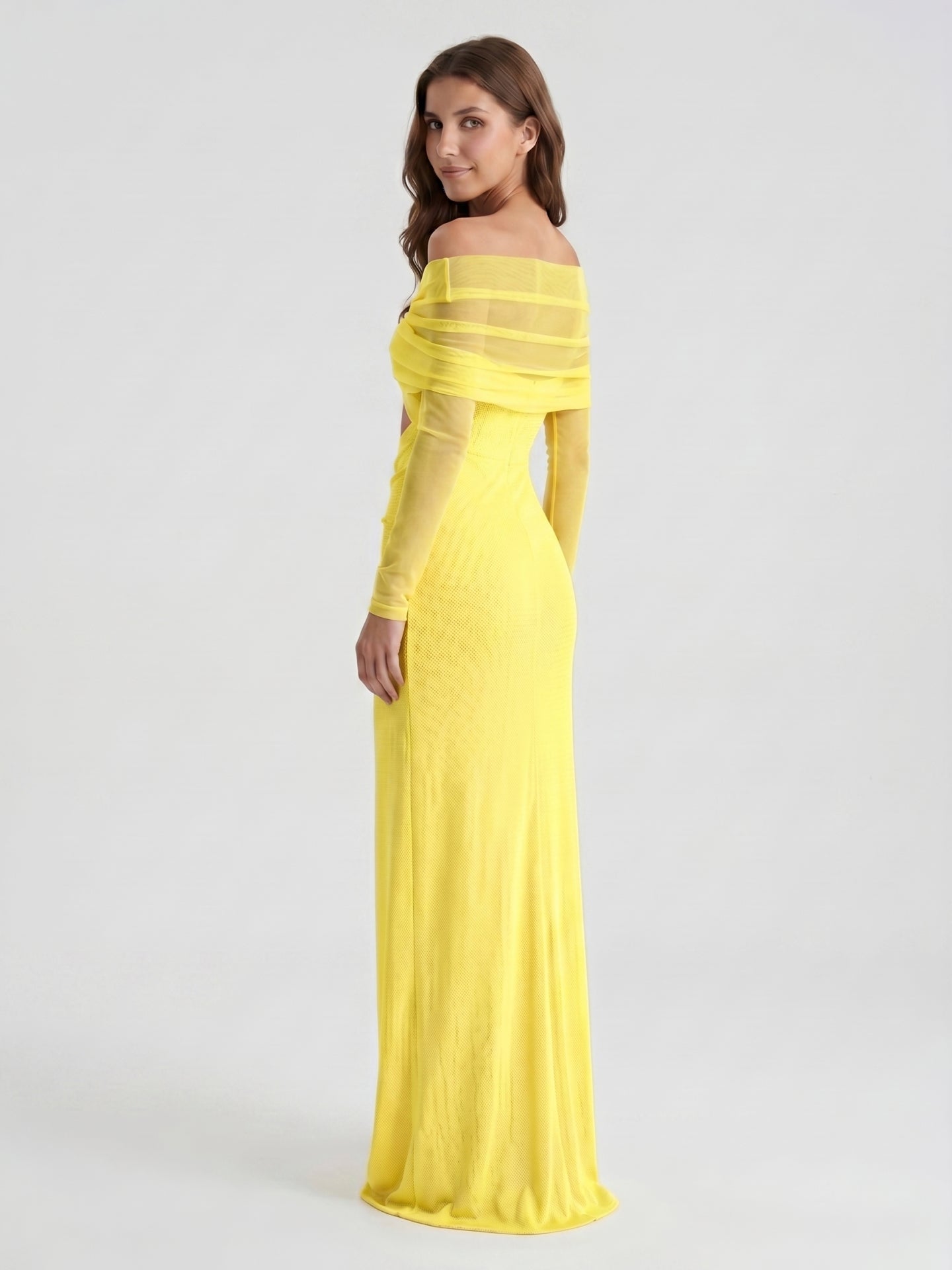 Lemon Tulle Column Off-the-Shoulder Illusion Floor-Length Bridesmaid Dress with Pleats