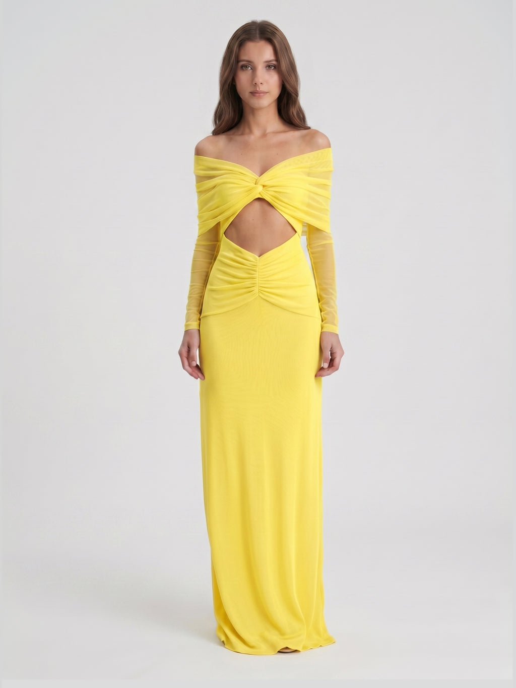 Lemon Tulle Column Off-the-Shoulder Illusion Floor-Length Bridesmaid Dress with Pleats