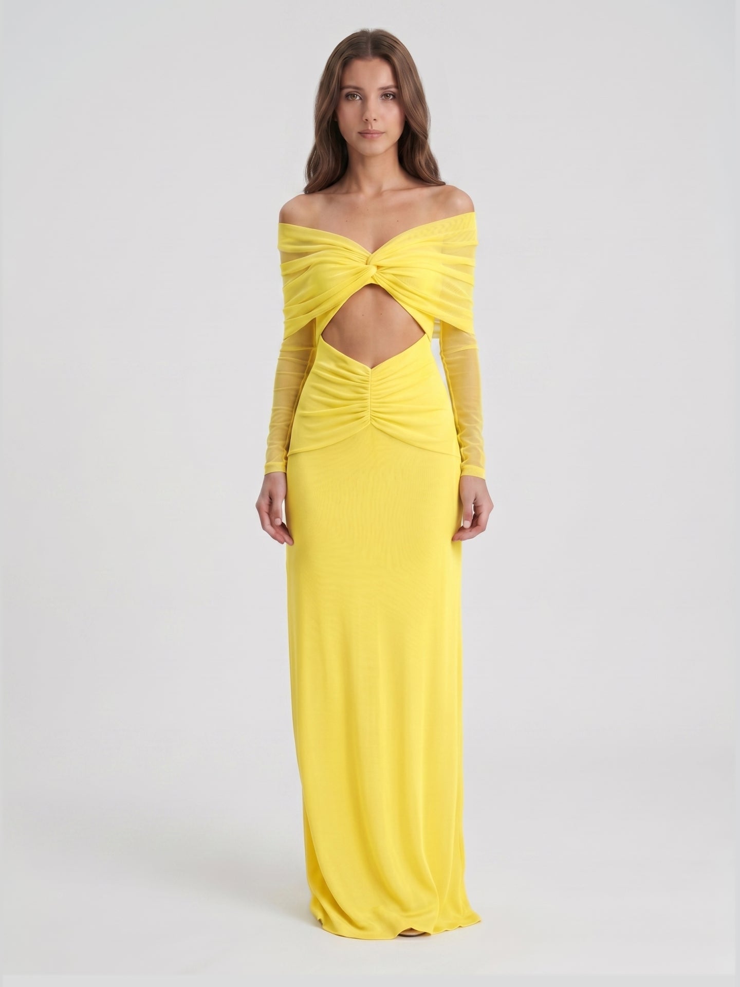Lemon Tulle Column Off-the-Shoulder Illusion Floor-Length Bridesmaid Dress with Pleats