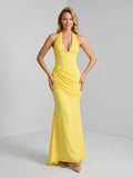 Lemon Tulle Sheath V-Neck Backless Floor-Length Formal Dress with Pleating