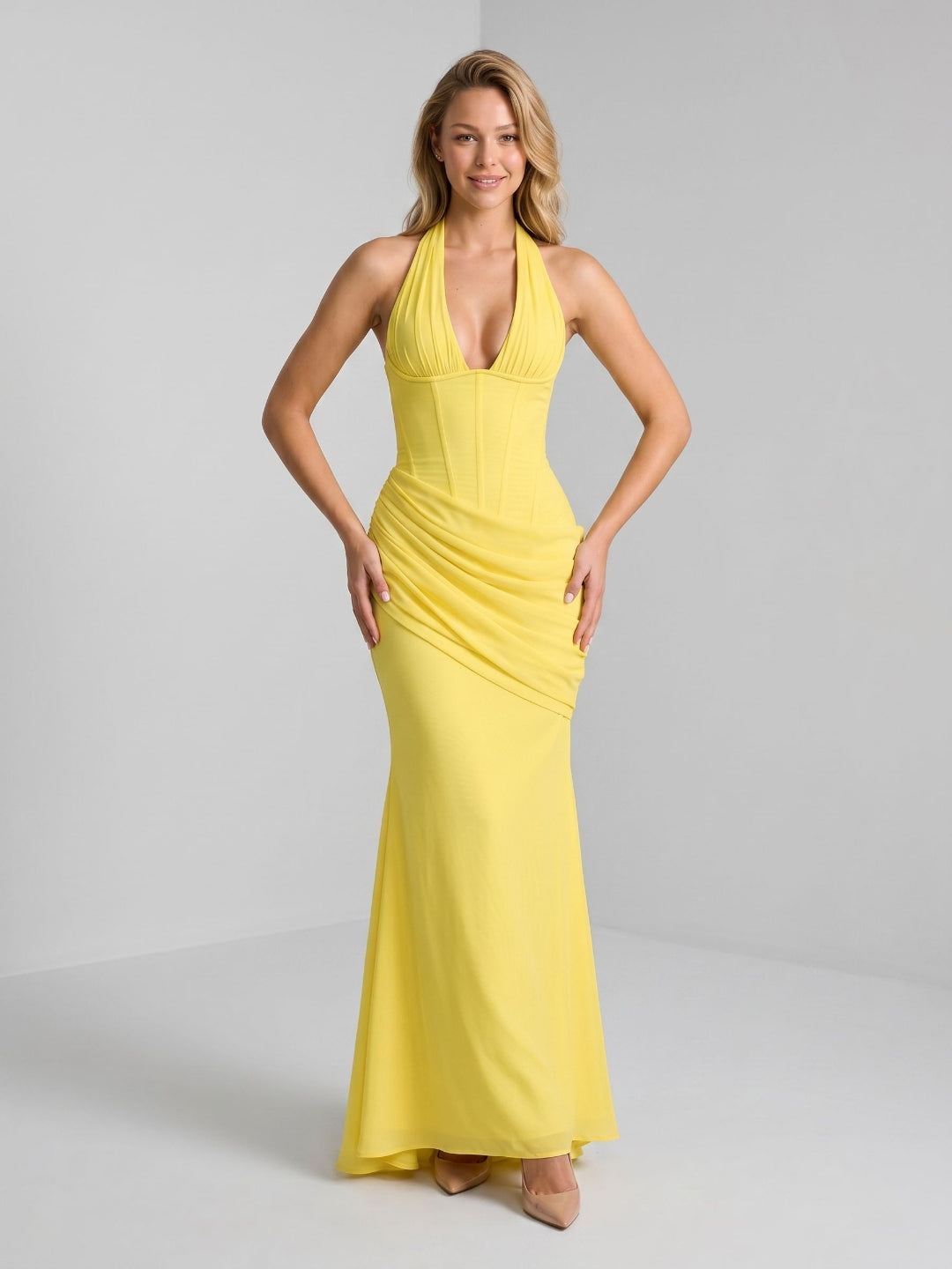 Lemon Tulle Sheath V-Neck Backless Floor-Length Formal Dress with Pleating