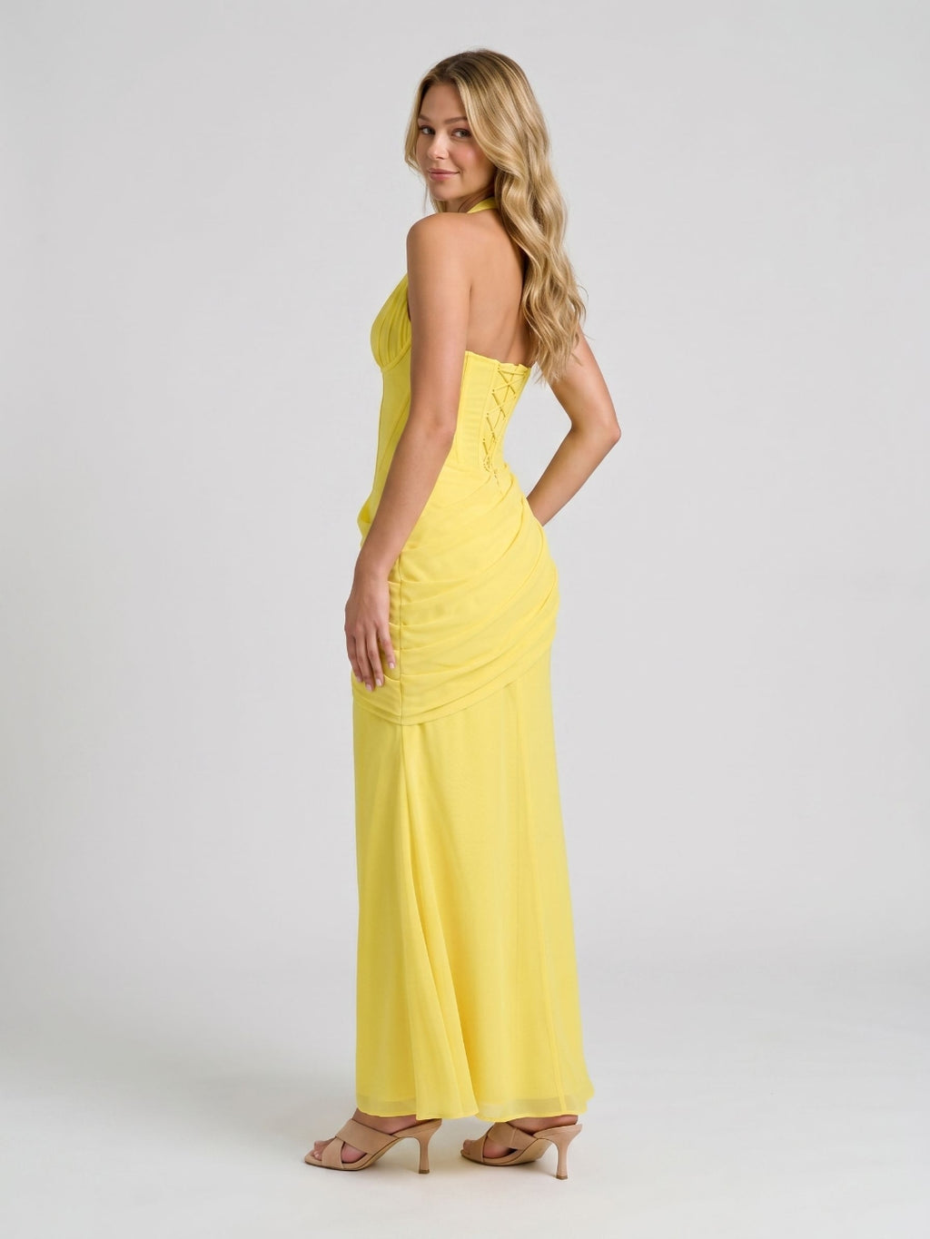 Lemon Tulle Sheath V-Neck Backless Floor-Length Formal Dress with Pleating