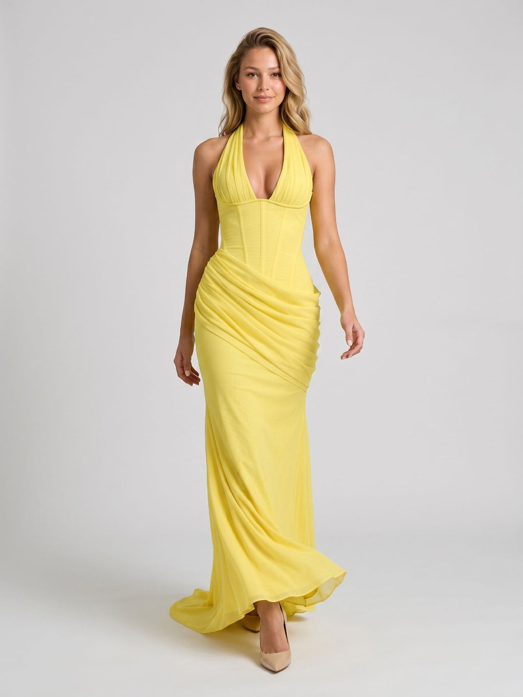 Lemon Tulle Sheath V-Neck Backless Floor-Length Formal Dress with Pleating