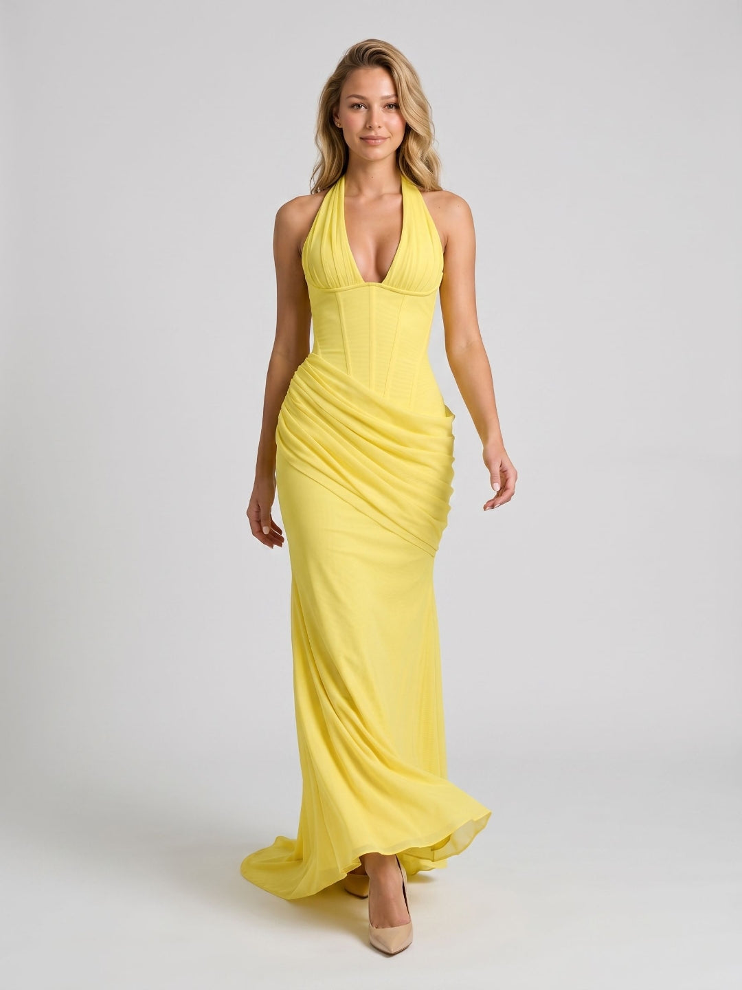Lemon Tulle Sheath V-Neck Backless Floor-Length Formal Dress with Pleating