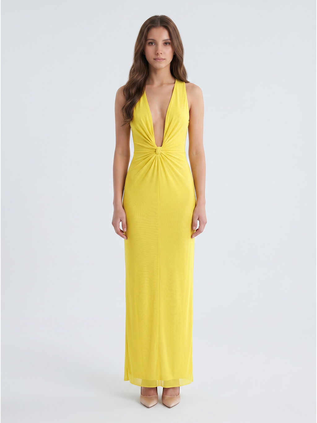 Lemon Tulle Sheath V-Neck Side Zip Floor Bridesmaid Dress with Pleats