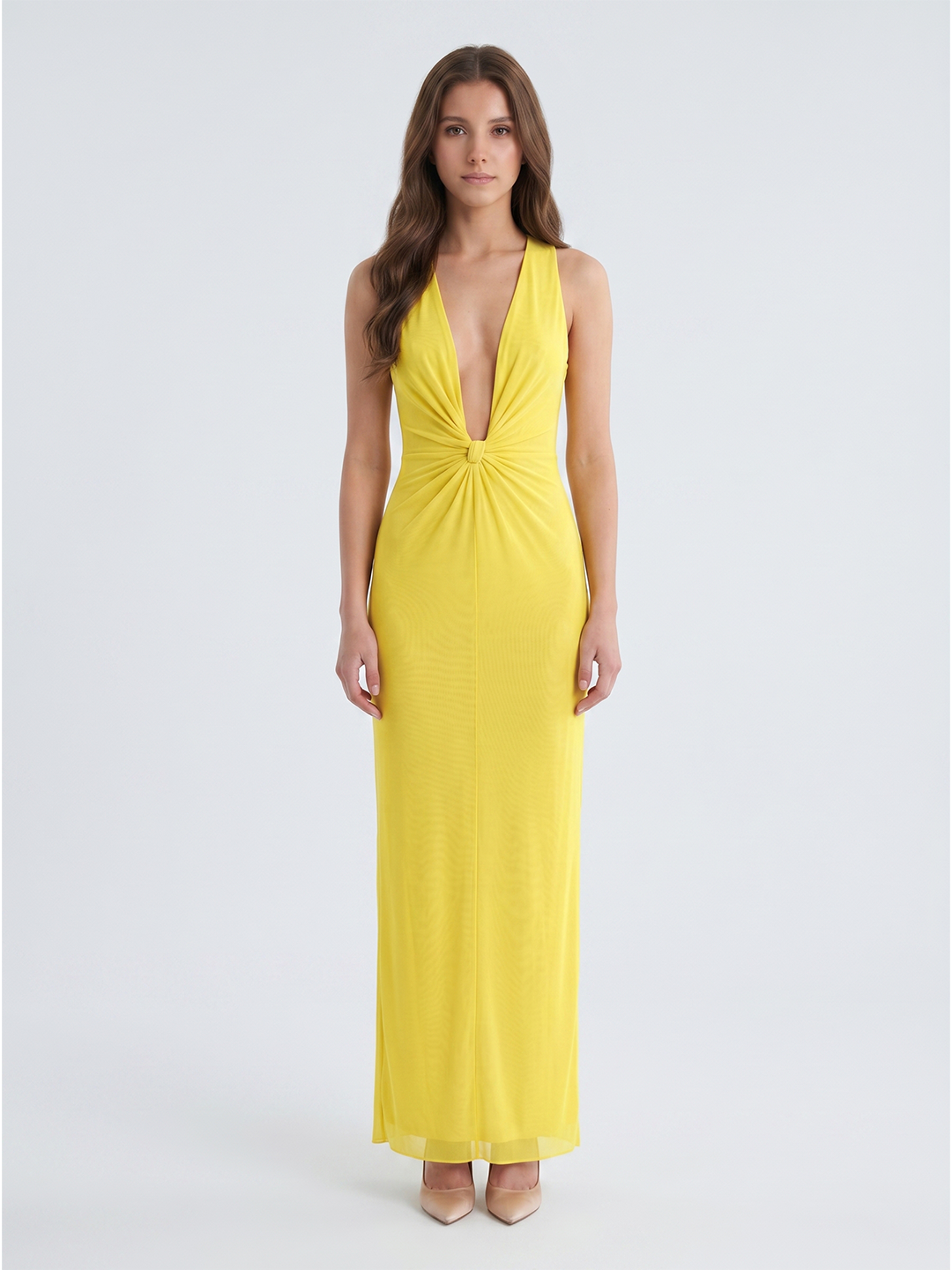 Lemon Tulle Sheath V-Neck Side Zip Floor Bridesmaid Dress with Pleats
