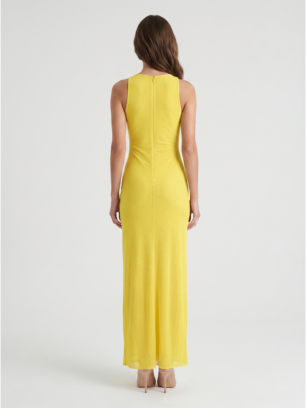 Lemon Tulle Sheath V-Neck Side Zip Floor Bridesmaid Dress with Pleats